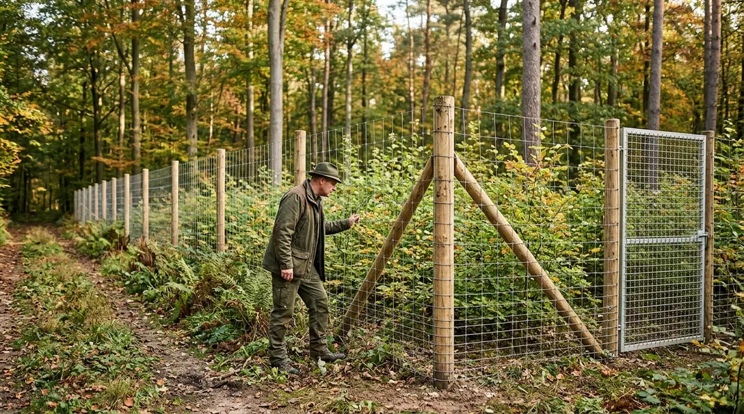 Jäger kontrolliert einen Zaun für den Verbissschutz im Wald vor jungen Laubbäumen.